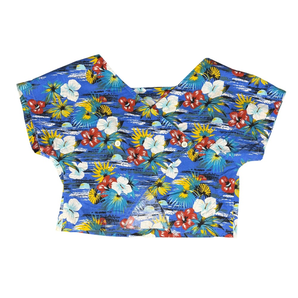 Vintage‎ Chic Sport Blue Tropical Hibiscus Floral Wrap Front Crop Top Womens M
